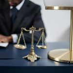 Bureau juridique élégant avec un gros plan de la balance de la justice dorée sur un bureau sombre et élégant.