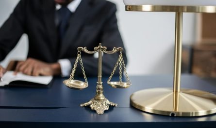 Bureau juridique élégant avec un gros plan de la balance de la justice dorée sur un bureau sombre et élégant.